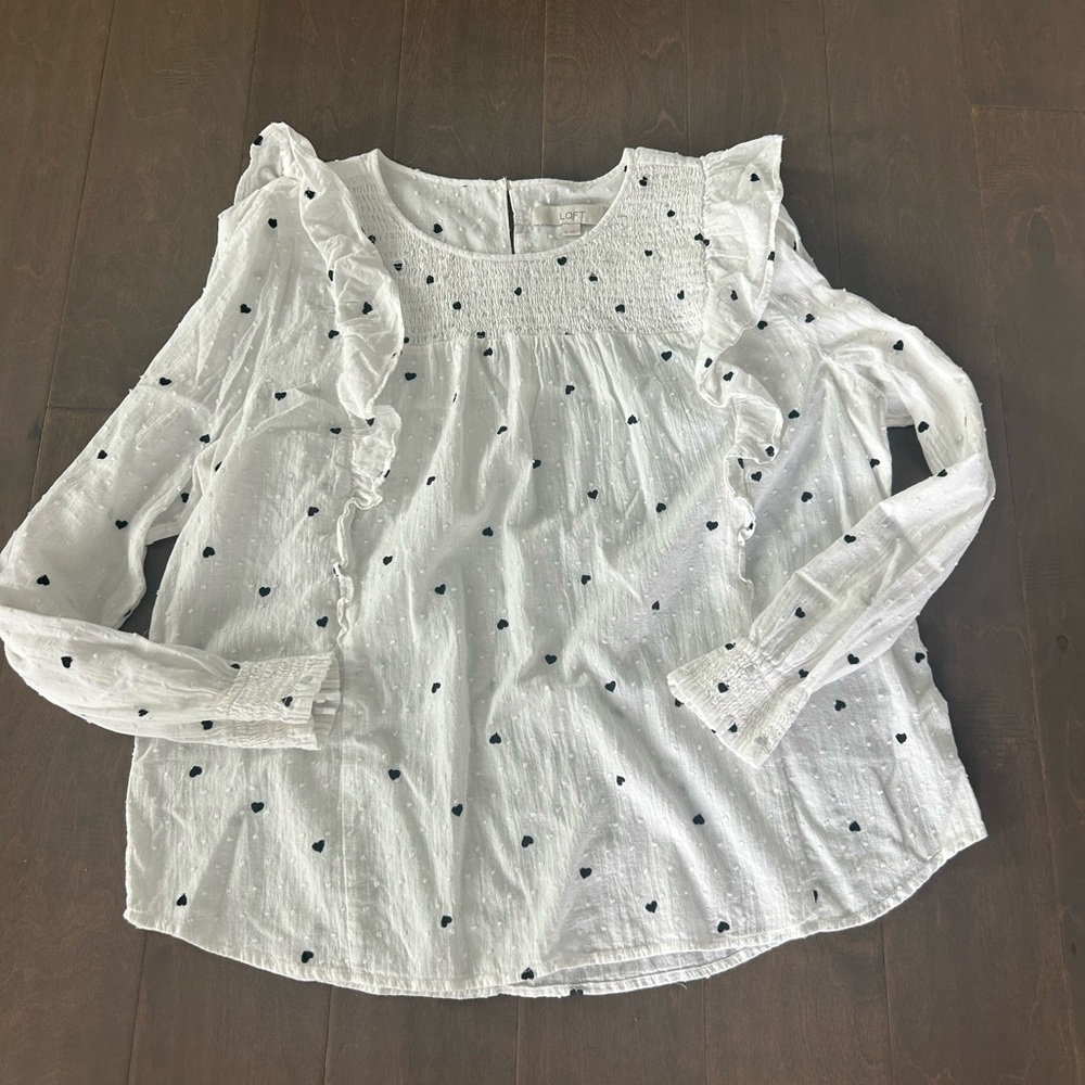LOFT White and Black Polka Dot Ruffle Blouse